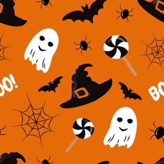 vector seamless pattern on the theme of halloween with witch hats, ghosts, lollipops, spiders and spider webs on orange background. pattern in flat style for printing on fabric, wrapping paper