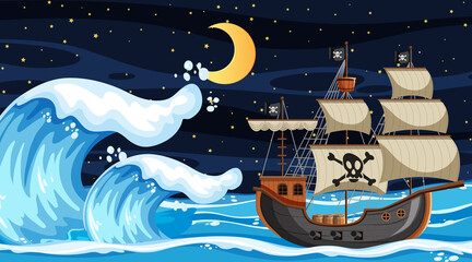Ocean scene at night with Pirate ship in cartoon style © brgfx