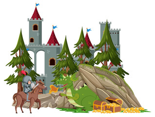 Knights fight with dragon at the castle