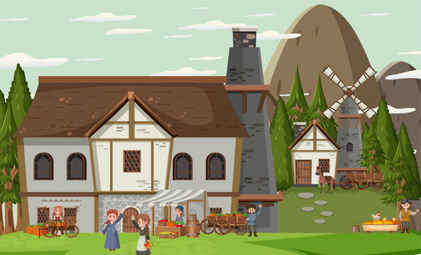 Medieval village scene with villagers