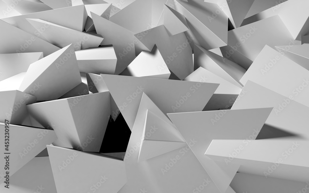 Aufkleber Abstract background with white 3D shapes flying in the light as a messy array or chaotic structure for any pastel backdrop. 3D illustration.