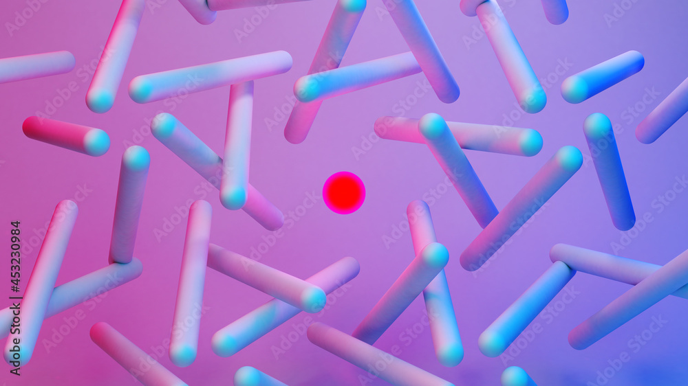 Poster Scientific or technology abstractions with canes, sticks or rods flying in surreal symmetric structure around the red light orb. Abstract background with purple and blue neon tech structure. 3D
