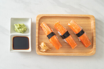 Crab Stick Sushi on wood plate