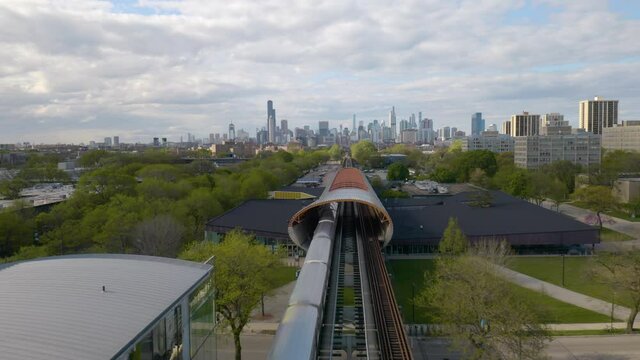 Subway Train Passing through Exelon Tube on Chicago's South Side. Aerial