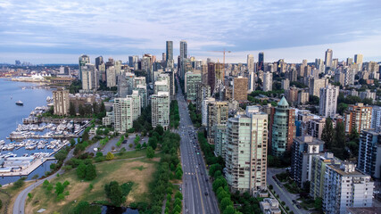 Naklejka premium Aerial photo of Downtown Vancouver looking up West Georgia Street with city skyline 