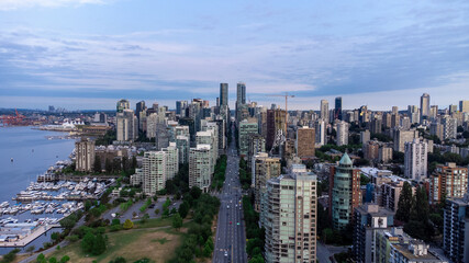 Aerial photo of Downtown Vancouver looking straight up West Georgia Street