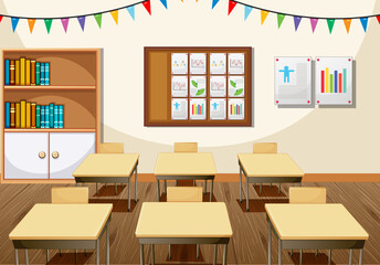 Classroom interior design with furniture and decoration