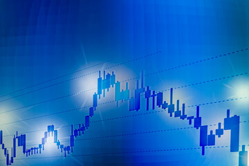 ローソク足の株価、為替、仮想通貨取引のチャート背景画像/ビジネス、パワポ資料文字入れタイトルスペース
