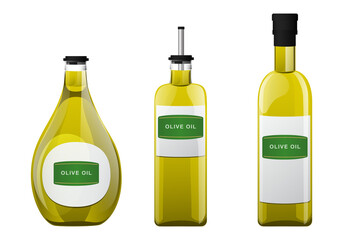 Olive oil glass bottle set in cartoon style.