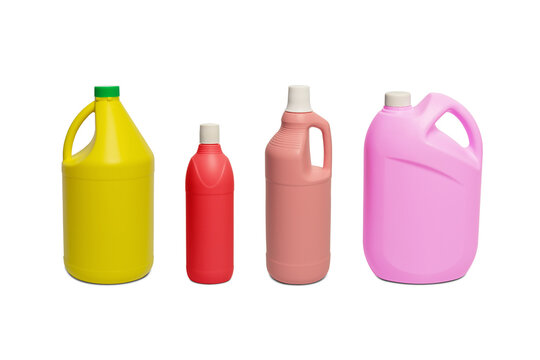 Set of a group of plastic bottles for cleaning products isolated on white background