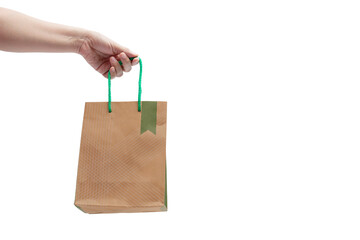 Hand holding brown paper bag with green handle isolated on white background.