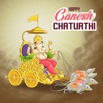 Ganesh Chaturthi greetings with Ganapati riding golden chariot pulled by mouse