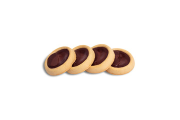 Stack of Crunchy cookies with caramel and chocolate isolated on white background