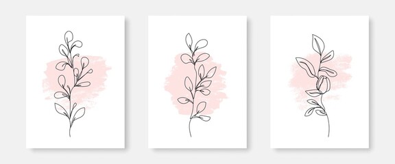 Set of Botanical Line Art Flowers, Leaves, Plants. Simple Hand Drawn Sketch Line Art Branches Isolated on White Background. Vector EPS 10