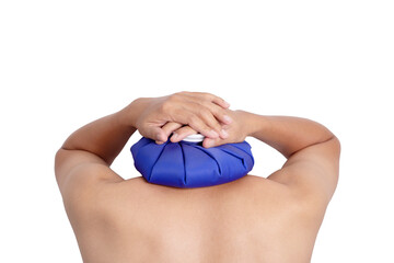 Man hand holding ice pack bag compress to the nape, relieving pain. isolated on white background.