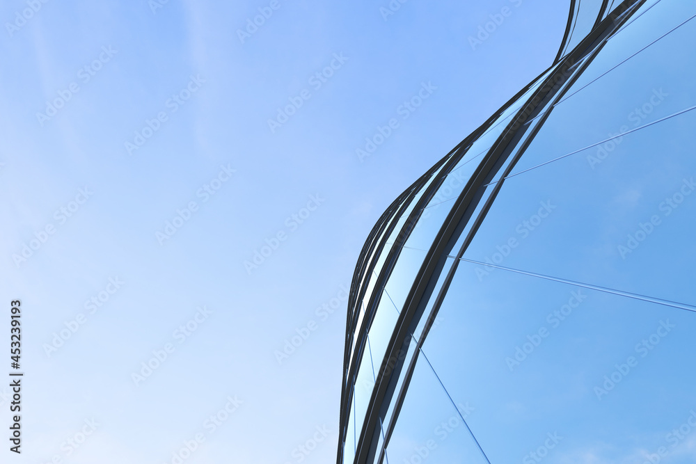 Aufkleber Low angle view of futuristic architecture, Skyscraper of office building with curve glass window, 3D rendering.