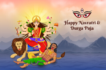 Goddess Durga Killing Mahishasura, Happy Navratri and Durga puja Festival 