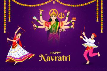 Dandiya Night, Dancing couple at Navratri, happy Durga Puja and Navratri 