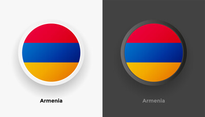 Set of two Armenia flag buttons in black and white background. Abstract shiny metallic rounded buttons with national country flag