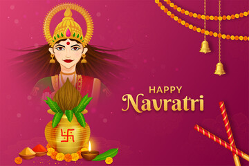 Navratri Kalash with Goddess Durga Maa Shubh Navratri festival Happy Dussehra and Durga Puja