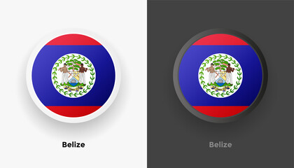 Set of two Belize flag buttons in black and white background. Abstract shiny metallic rounded buttons with national country flag