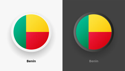 Set of two Benin flag buttons in black and white background. Abstract shiny metallic rounded buttons with national country flag