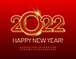 Vector premium Greeting Card Happy New Year 2022! Gold and Red textured Font. 3D Luxury Alphabet Letters and Numbers set