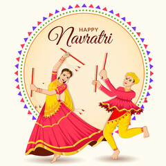 Dandiya Night, Dancing couple at Navratri, happy Durga Puja and Navratri  - obrazy, fototapety, plakaty