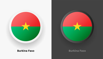 Set of two Burkina Faso flag buttons in black and white background. Abstract shiny metallic rounded buttons with national country flag