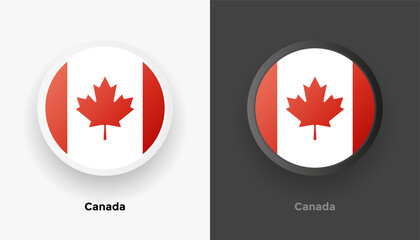 Set of two Canada flag buttons in black and white background. Abstract shiny metallic rounded buttons with national country flag