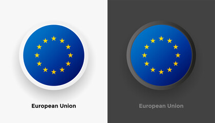 Set of two European Union flag buttons in black and white background. Abstract shiny metallic rounded buttons with national country flag