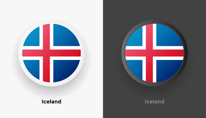 Fototapeta premium Set of two Iceland flag buttons in black and white background. Abstract shiny metallic rounded buttons with national country flag