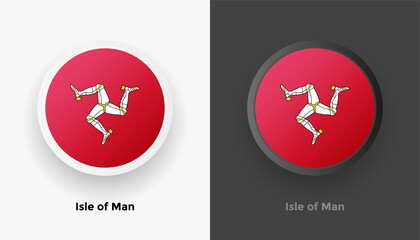 Set of two Isle of Man flag buttons in black and white background. Abstract shiny metallic rounded buttons with national country flag