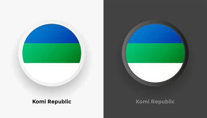 Set of two Komi Republic flag buttons in black and white background. Abstract shiny metallic rounded buttons with national country flag