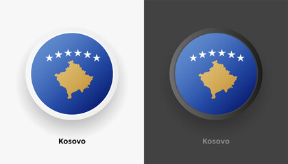 Set of two Kosovo flag buttons in black and white background. Abstract shiny metallic rounded buttons with national country flag