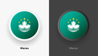 Set of two Macau flag buttons in black and white background. Abstract shiny metallic rounded buttons with national country flag