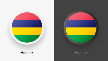 Set of two Mauritius flag buttons in black and white background. Abstract shiny metallic rounded buttons with national country flag