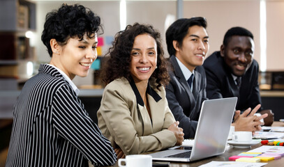 Two multiracial diverse beautiful modern professional female business partners posing smiling with happiness and confidence, using laptop working indoor office with background of male colleagues.