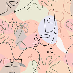 One line drawing. Abstract face seamless pattern.