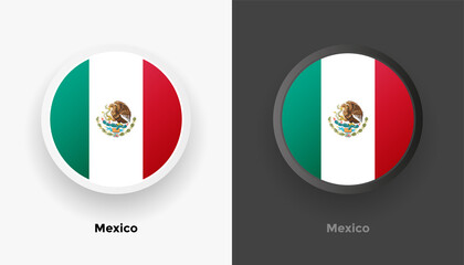 Set of two Mexico flag buttons in black and white background. Abstract shiny metallic rounded buttons with national country flag