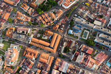 Fototapeta premium Aerial view showing roof tops of the heritage houses and streets of Georgetown Penang.