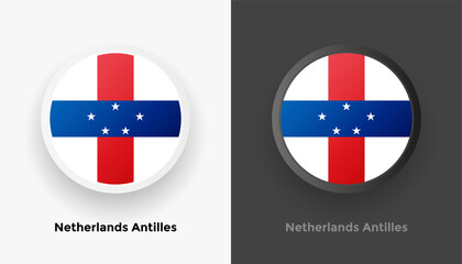 Set of two Netherlands Antilles flag buttons in black and white background. Abstract shiny metallic rounded buttons with national country flag