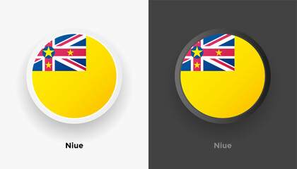 Naklejka premium Set of two Niue flag buttons in black and white background. Abstract shiny metallic rounded buttons with national country flag