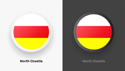 Set of two North Ossetia flag buttons in black and white background. Abstract shiny metallic rounded buttons with national country flag