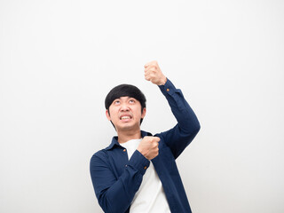 Asian man gesture pull rope down feeling heavy and serious face white background