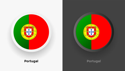 Set of two Portugal flag buttons in black and white background. Abstract shiny metallic rounded buttons with national country flag