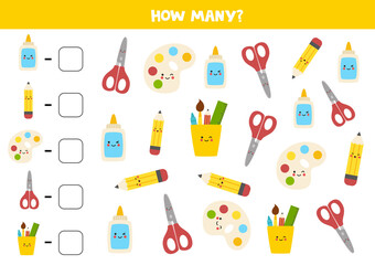 Counting game with cute school supplies. Math worksheet.