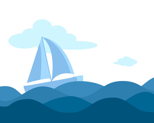 Fototapeta premium Sailing boat among the waves of the sea. Traveling yacht. Ship in the ocean.