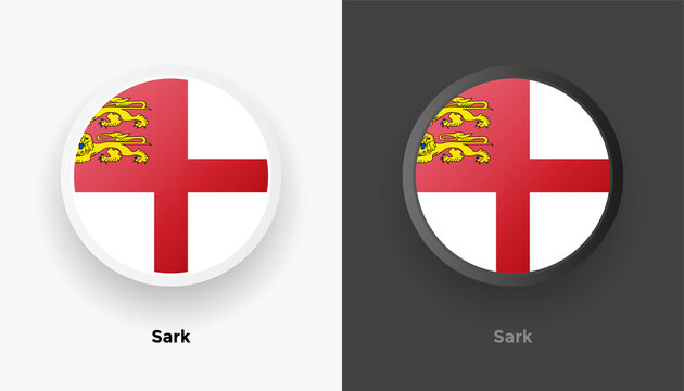 Set of two Sark flag buttons in black and white background. Abstract shiny metallic rounded buttons with national country flag