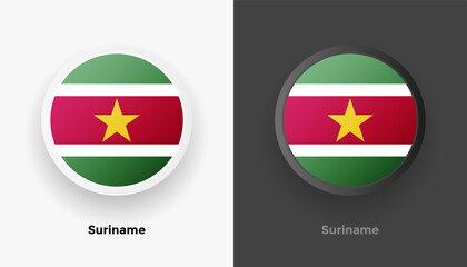 Obraz premium Set of two Suriname flag buttons in black and white background. Abstract shiny metallic rounded buttons with national country flag